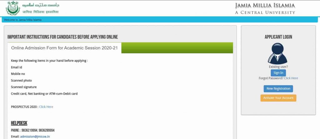 JMI University Admission Online Form 2020