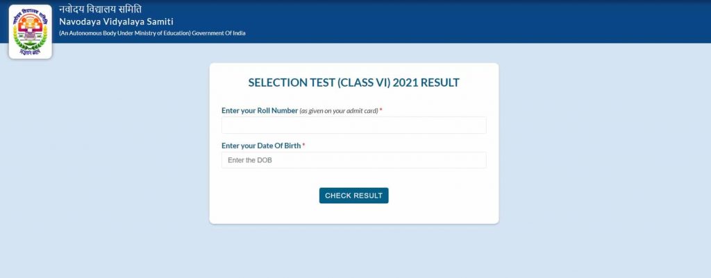 JNV 6th Class Selection Test Result 2021