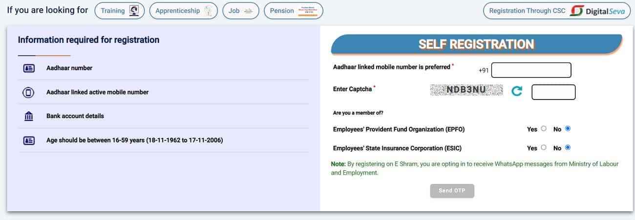 Fill up the Aadhar register mobile number to register eShram Card online