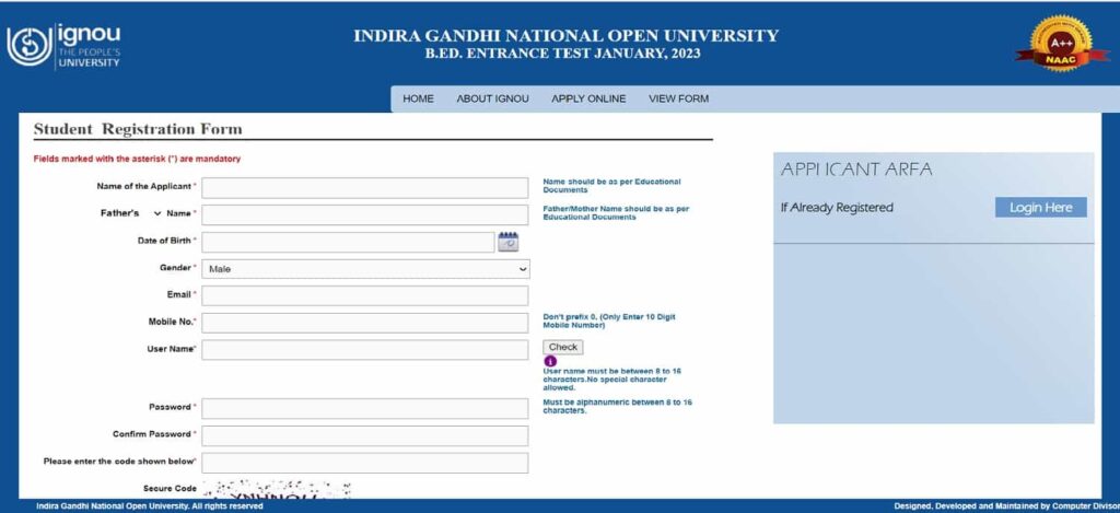 IGNOU B.ED Admission 2023 Registration Form