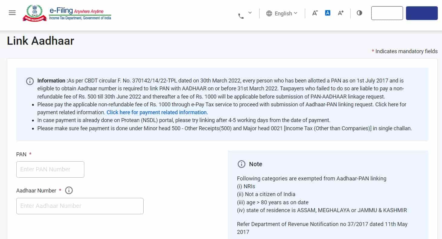 Link Aadhaar Online Income Tax Portal